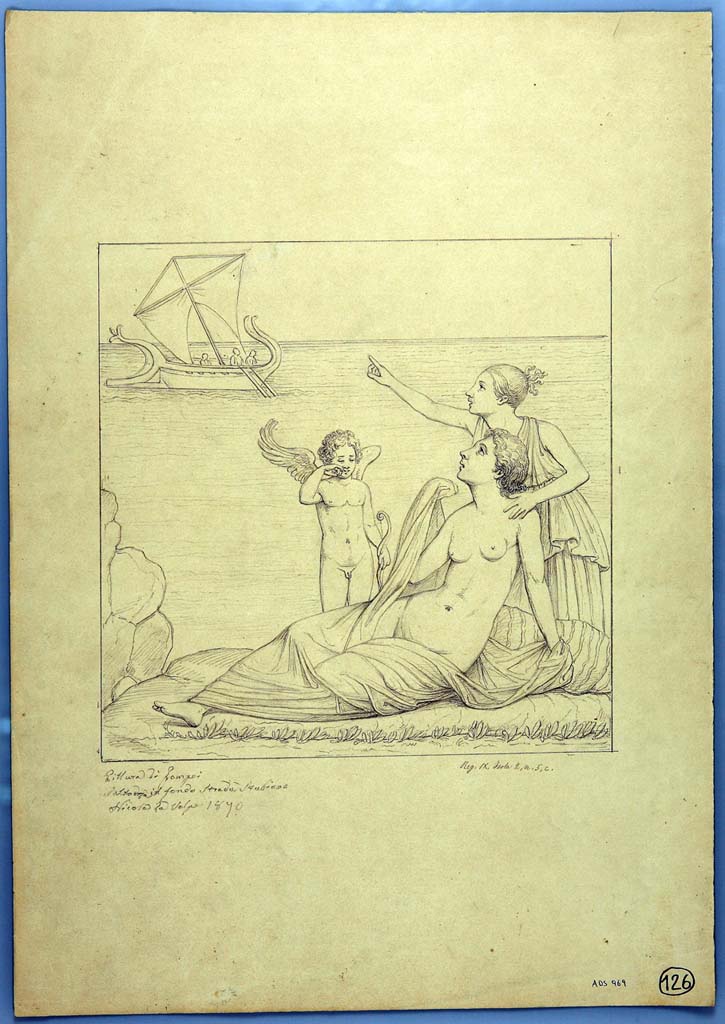 IX.2.5 Pompeii. Drawing by Nicola La Volpe, 1870, of painting from the centre of north wall of triclinium. 
Ariadne seated on the ground watching the ship of Theseus sailing away. 
Now in Naples Archaeological Museum. Inventory number ADS 969.
Photo  ICCD. http://www.catalogo.beniculturali.it
Utilizzabili alle condizioni della licenza Attribuzione - Non commerciale - Condividi allo stesso modo 2.5 Italia (CC BY-NC-SA 2.5 IT)
