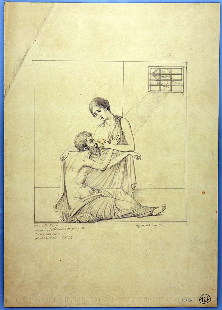 IX.2.5 Pompeii. Drawing by Nicola La Volpe, 1870, of painting of Perone and Cymon from south wall of triclinium.
Now in Naples Archaeological Museum. Inventory number ADS 970.
Photo  ICCD. http://www.catalogo.beniculturali.it
Utilizzabili alle condizioni della licenza Attribuzione - Non commerciale - Condividi allo stesso modo 2.5 Italia (CC BY-NC-SA 2.5 IT)
