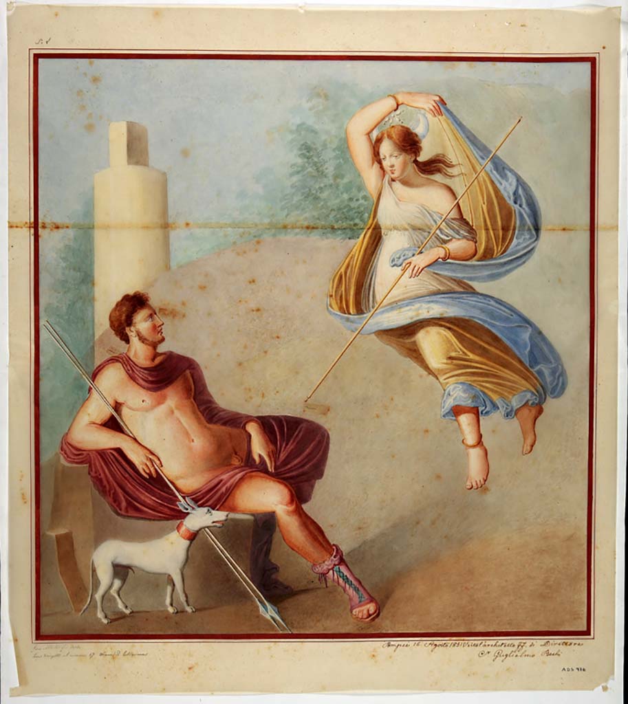 IX.2.10 Pompeii. Painting by Giuseppe Abbate, 1851 copy of painting of Endymion and Selene from triclinium.
Now in Naples Archaeological Museum. Inventory number ADS 976.
Photo © ICCD. http://www.catalogo.beniculturali.it
Utilizzabili alle condizioni della licenza Attribuzione - Non commerciale - Condividi allo stesso modo 2.5 Italia (CC BY-NC-SA 2.5 IT)
Original painting: Now in Naples Archaeological Museum. Inventory number 9246.
