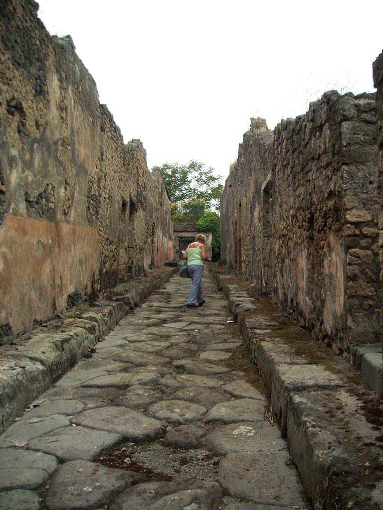 IX.2.13 Pompeii, on left. May 2005.     Vicolo di Balbo looking east.              IX.1, on right. 