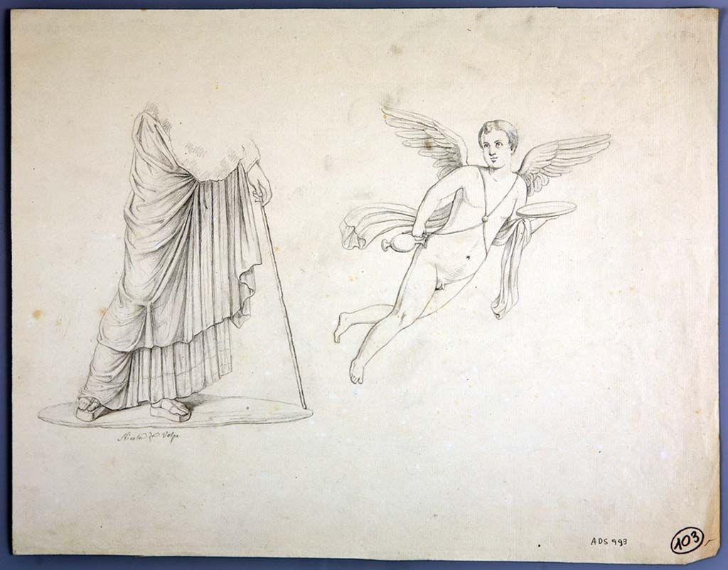 IX.2.16 Pompeii. Drawing by Nicola La Volpe, of two paintings – the flying cupid with plate and jug may have been seen on an atrium wall.
See Sogliano, A., 1879. Le pitture murali campane scoverte negli anni 1867-79. Napoli: Giannini. (p.60, no.331).
The other drawing is of a fragment of a figure with long dress and sandals and carrying a stick, but from which room/wall is unknown.
Now in Naples Archaeological Museum. Inventory number ADS 993.
Photo © ICCD. http://www.catalogo.beniculturali.it
Utilizzabili alle condizioni della licenza Attribuzione - Non commerciale - Condividi allo stesso modo 2.5 Italia (CC BY-NC-SA 2.5 IT)
