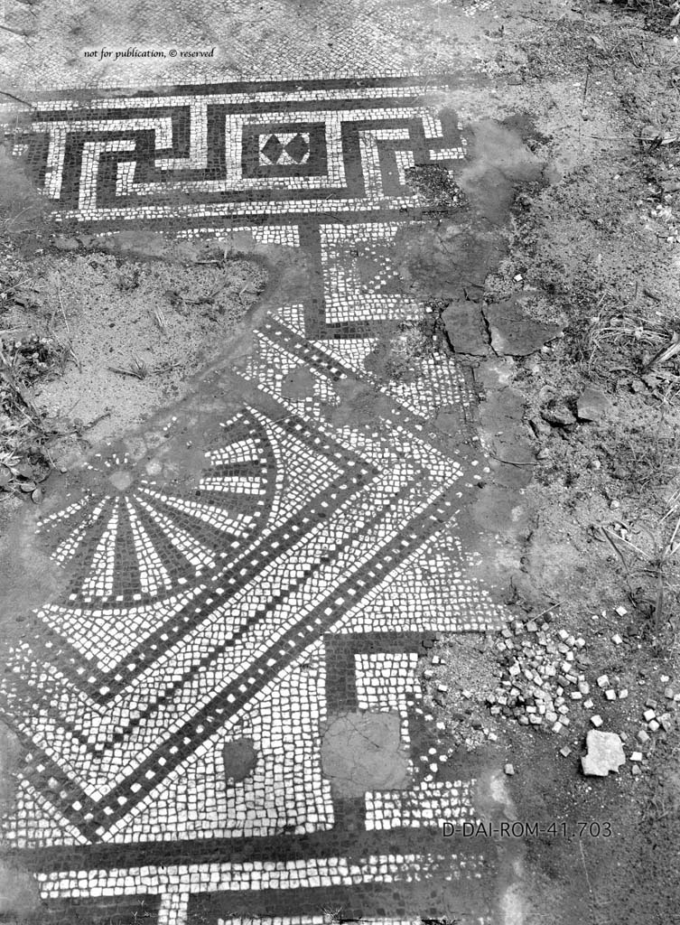 IX.2.27 Pompeii. c.1930. Mosaic from large room (triclinium) left of atrium.
DAIR 41.703. Photo © Deutsches Archäologisches Institut, Abteilung Rom, Arkiv.
See Pernice, E.  1938. Pavimente und Figürliche Mosaiken: Die Hellenistische Kunst in Pompeji, Band VI. Berlin: de Gruyter, (tav. 34,4, above.)
