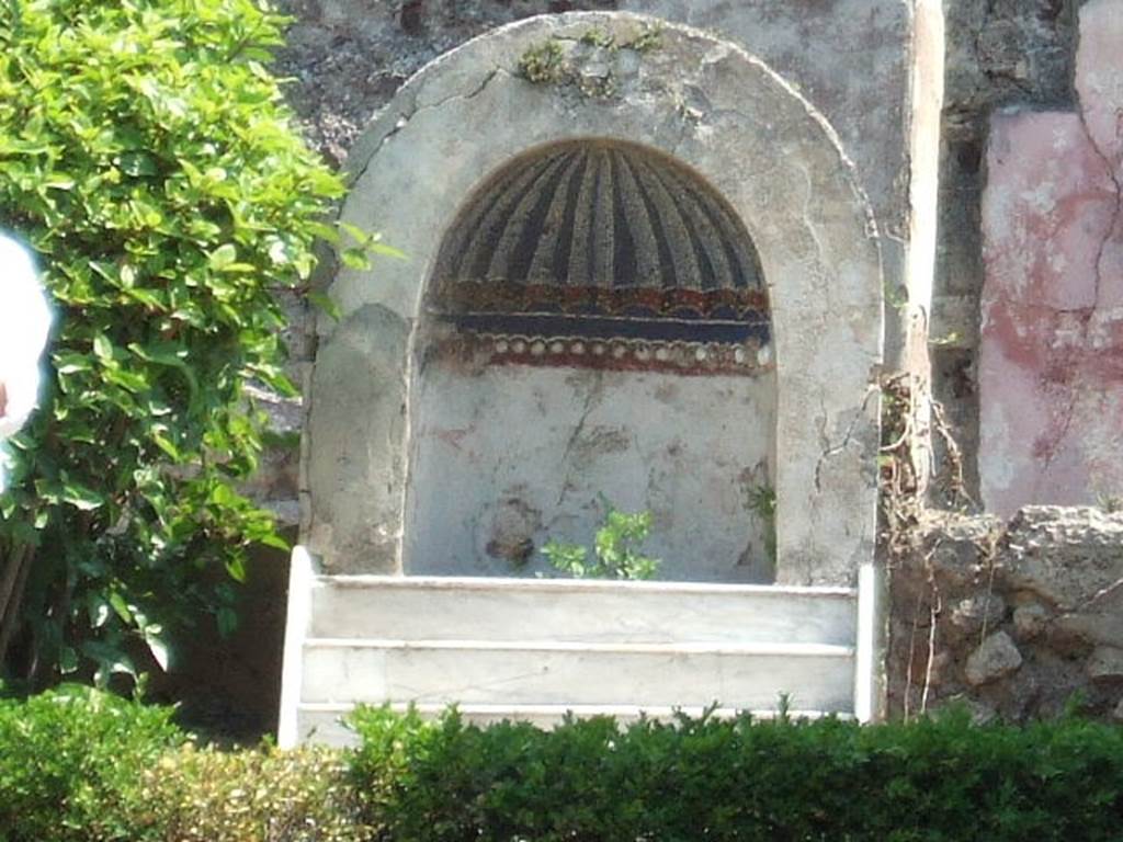 IX.3.5 Pompeii.  May 2006.  Aedicula decorated with mosaics and shells with a fountain above a small staircase of white marble.  

