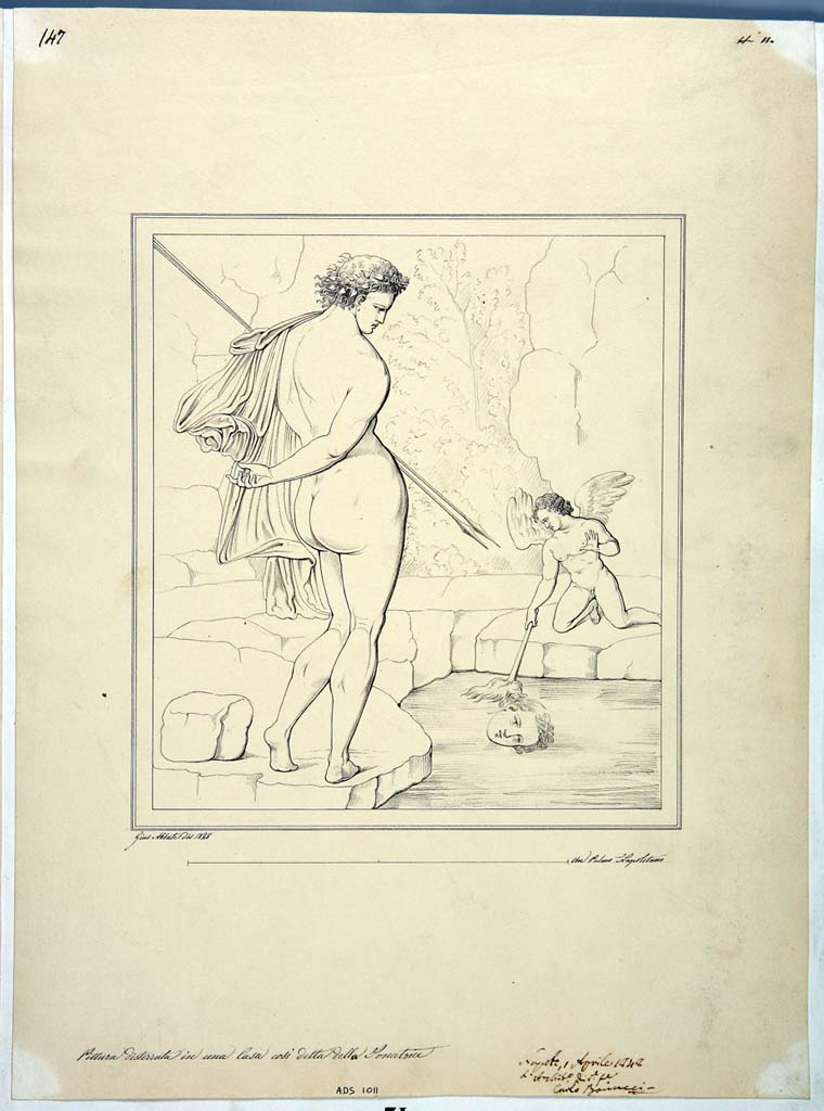 IX.3.5 Pompeii. Room 4, centre panel of the west wall. Drawing by Giuseppe Abbate, 1848, of painting of Narcissus.
Now in Naples Archaeological Museum. Inventory number ADS 1011.
Photo © ICCD. http://www.catalogo.beniculturali.it
Utilizzabili alle condizioni della licenza Attribuzione - Non commerciale - Condividi allo stesso modo 2.5 Italia (CC BY-NC-SA 2.5 IT)
