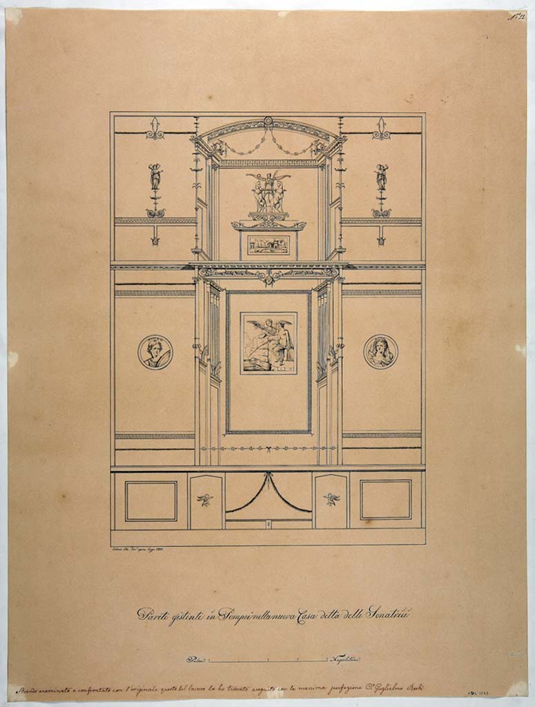 IX.3.5 Pompeii. Room 5, drawing by Antonio Ala, 1851, showing the decoration of the north wall of the cubiculum.
Now in Naples Archaeological Museum. Inventory number ADS 1037.
Photo © ICCD. http://www.catalogo.beniculturali.it
Utilizzabili alle condizioni della licenza Attribuzione - Non commerciale - Condividi allo stesso modo 2.5 Italia (CC BY-NC-SA 2.5 IT)
