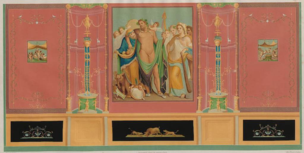 IX.3.5 Pompeii. 1852 painting of east wall of triclinium, room 14. See Zahn, W., 1852. Die schönsten Ornamente und merkwürdigsten Gemälde aus Pompeji, Herkulanum und Stabiae: III. Berlin: Reimer. Tav. 84.