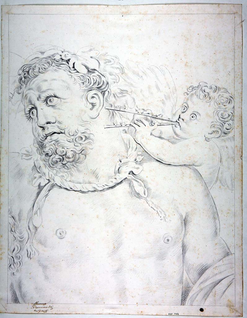 IX.3.5 Pompeii. Drawing by Michele Mastracchio, of detail of Hercules and cupid from original painting on east wall of triclinium.
Now in Naples Archaeological Museum. Inventory number ADS 1064.
Photo © ICCD. http://www.catalogo.beniculturali.it
Utilizzabili alle condizioni della licenza Attribuzione - Non commerciale - Condividi allo stesso modo 2.5 Italia (CC BY-NC-SA 2.5 IT)
