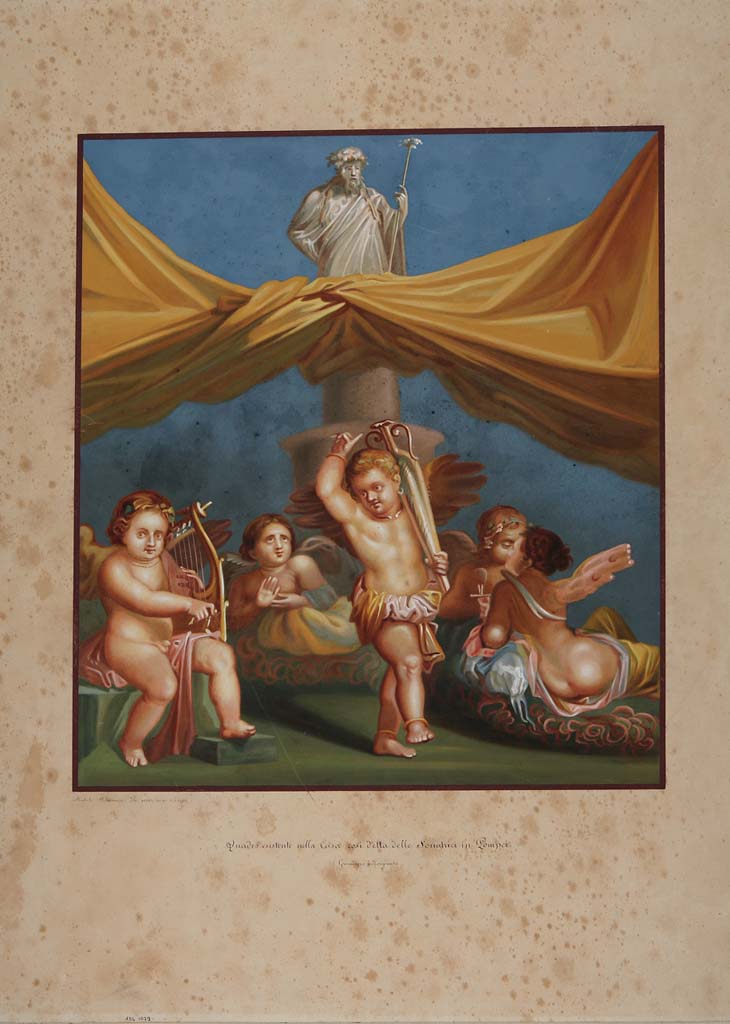 IX.3.5 Pompeii. Triclinium 14, painting by Michele Mastracchio, 1849, of Cupids and Psyches dancing and eating beneath a statue of Dionysus.
Now in Naples Archaeological Museum. Inventory number ADS 107.
Photo © ICCD. http://www.catalogo.beniculturali.it
Utilizzabili alle condizioni della licenza Attribuzione - Non commerciale - Condividi allo stesso modo 2.5 Italia (CC BY-NC-SA 2.5 IT)