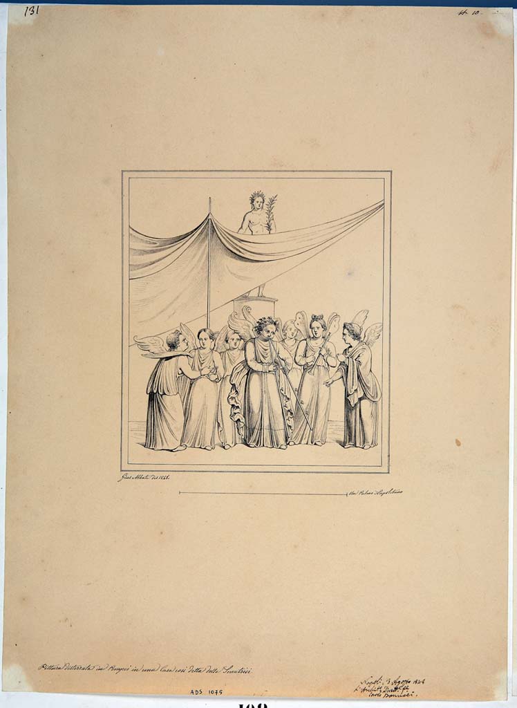 IX.3.5 Pompeii. Triclinium 14. Drawing by Giuseppe Abbate, 1848, of Cupids preparing for a tragic performance. 
Now in Naples Archaeological Museum. Inventory number ADS 1075.
Photo © ICCD. http://www.catalogo.beniculturali.it
Utilizzabili alle condizioni della licenza Attribuzione - Non commerciale - Condividi allo stesso modo 2.5 Italia (CC BY-NC-SA 2.5 IT)
