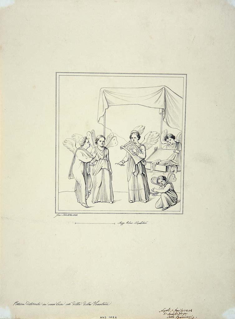 IX.3.5 Pompeii. Triclinium 14. Drawing by Giuseppe Abbate, 1848, of Cupids and Psyches and a Psyche playing the lyre.
Now in Naples Archaeological Museum. Inventory number ADS 1076.
Photo © ICCD. http://www.catalogo.beniculturali.it
Utilizzabili alle condizioni della licenza Attribuzione - Non commerciale - Condividi allo stesso modo 2.5 Italia (CC BY-NC-SA 2.5 IT)
