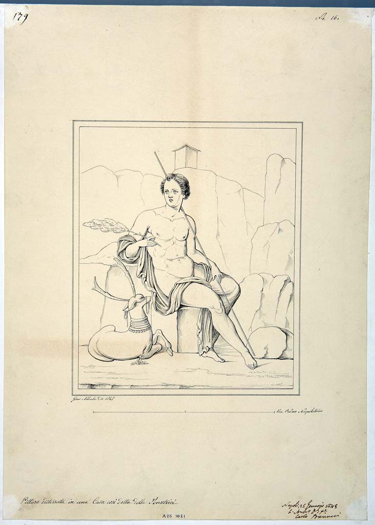 IX.3.5 Pompeii. Room 15, south wall. Drawing by Giuseppe Abbate, 1848, of painting of Cyparissus and stag.
Now in Naples Archaeological Museum. Inventory number ADS 1031.
Photo © ICCD. http://www.catalogo.beniculturali.it
Utilizzabili alle condizioni della licenza Attribuzione - Non commerciale - Condividi allo stesso modo 2.5 Italia (CC BY-NC-SA 2.5 IT)
