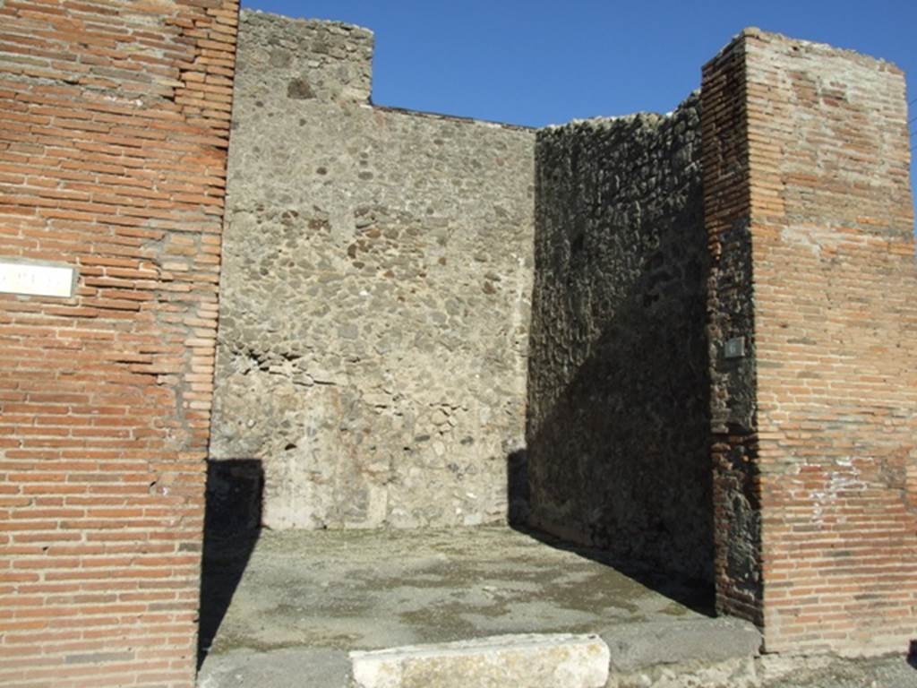 IX.3.6 Pompeii. March 2009. Entrance. According to Della Corte, this shop was excavated 22nd October 1849 in the presence of Pope Pio IX. Della Corte believed that this shop was rented from the Lucrezi by a person known as Phosphorus. He thought this because of a seal/signet (S.71) found here in the 16th or 17th shop on the left of the strada from the quadrivio di Orfeo.. (see PAH 15th September 1847).
See Della Corte, M., 1965.  Case ed Abitanti di Pompei. Napoli: Fausto Fiorentino. (p.162)
