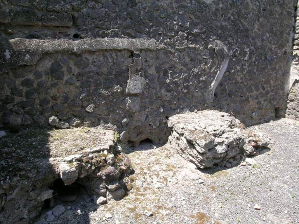 IX.3.13 Pompeii. June 2005. Looking towards west wall in atrium, with remains of hearth and bench. Photo courtesy of Nicolas Monteix.
