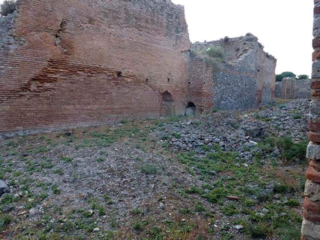 IX.4.15 Pompeii. September 2011. Looking north from entrance into area t. On the left is the rear wall of caldarium s.
The grey exterior wall of the laconicum (sweating room) r can be seen in the centre of the picture.
Photo courtesy of Michael Binns.
