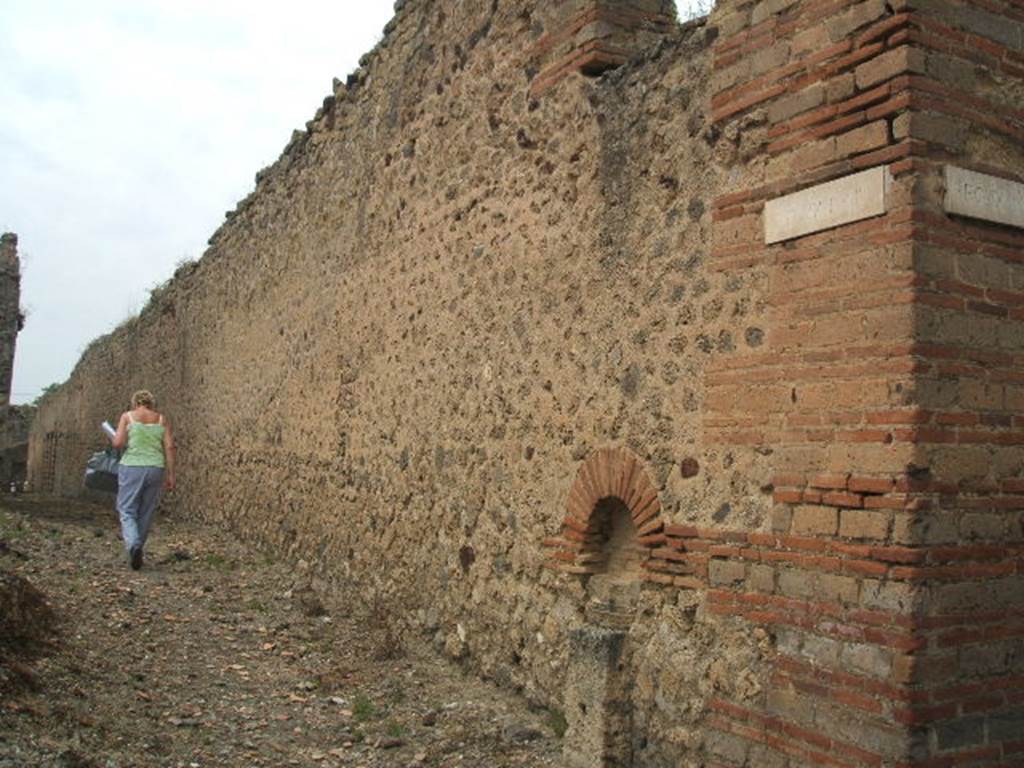 Unnamed vicolo between IX.3 and IX.4. May 2005.  North side. Looking west from junction with Vicolo di Tesmo along the exterior south wall of area t of the baths complex.