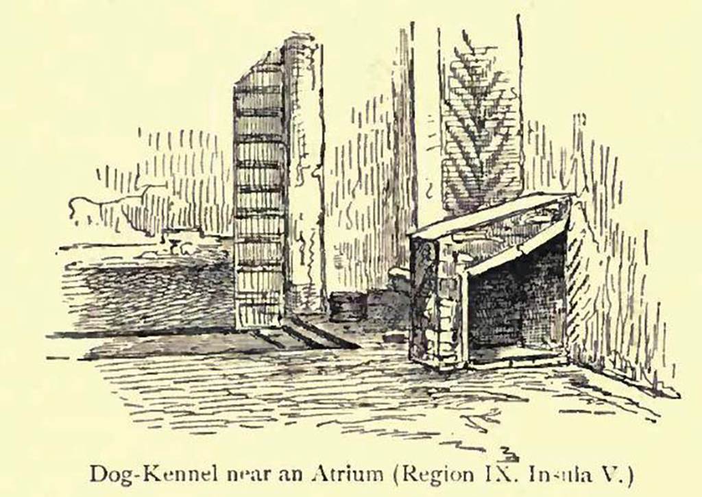 IX.5.2, Pompeii. Looking south. 
Drawing by Pierre Gusman showing a dog-kennel, and described as near an atrium.
See Gusman, P. (1900). Pompei, the city, its life and art. London, William Heinemann. (p.280). 
According to Eschebach, - 
Open tablinum with exedra onto the garden (therein a puteal and dog-kennel, in the south-west corner. 
Today, there is no sign of a dog-kennel. 
See Eschebach, L., 1993. Gebudeverzeichnis und Stadtplan der antiken Stadt Pompeji. Kln: Bhlau. (p.422).
According to Jashemski 
A small masonry doghouse in the south-west corner of the tablinum in a house on the Via di Nola (IX.5.2) was obviously for a small dog.
See Jashemski, W. F., 1979. The Gardens of Pompeii. New York: Caratzas. (p.103, fig.163).
(She references an article in Atti dellAccademia Pontaniana, n.s VII, p.176-77, 
by Giordano, Carlo, and Pelagalli, Gaetano, V. Cani e canili nella antica Pompei).
