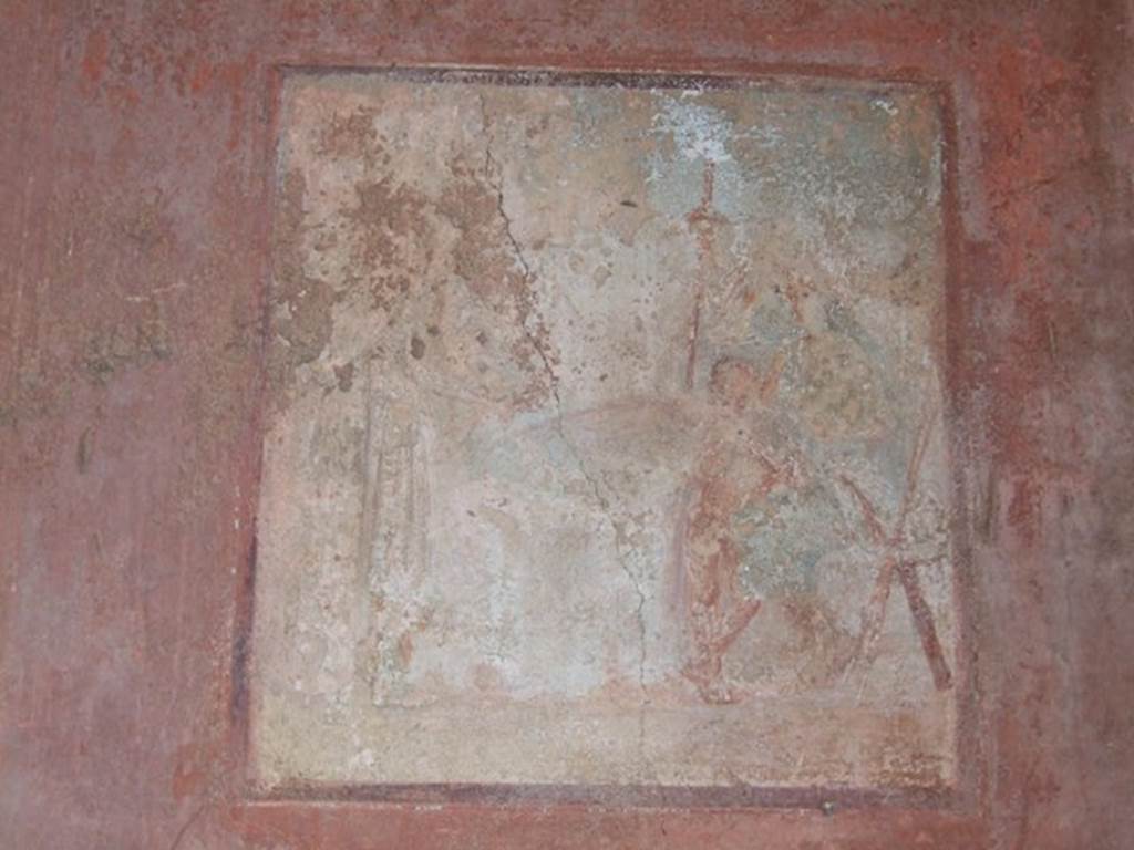 IX.5.6 Pompeii. December 2007. Room i, tablinum. Wall painting on east wall.
According to Schefold, the wall painting in the centre of the east wall was Diana and Callisto. 
See Schefold, K., 1957. Die Wande Pompejis. Berlin: De Gruyter. (p. 254)
See Sogliano, A., 1879. Le pitture murali campane scoverte negli anni 1867-79. Napoli: (p.30, no.119).
See Carratelli, G. P., 1990-2003. Pompei: Pitture e Mosaici. IX. (9). Roma: Istituto della enciclopedia italiana, (fig. 77 & p.445). 
According to Niccolini, the central painting would seem to indicate Adonis leaving for the hunt, leaving Venus with her son Cupid. 
See Niccolini, F. Le Case ed i Monumenti di Pompei. 1862. Book 2, (Tav. XCII, Descrizione Generale).

