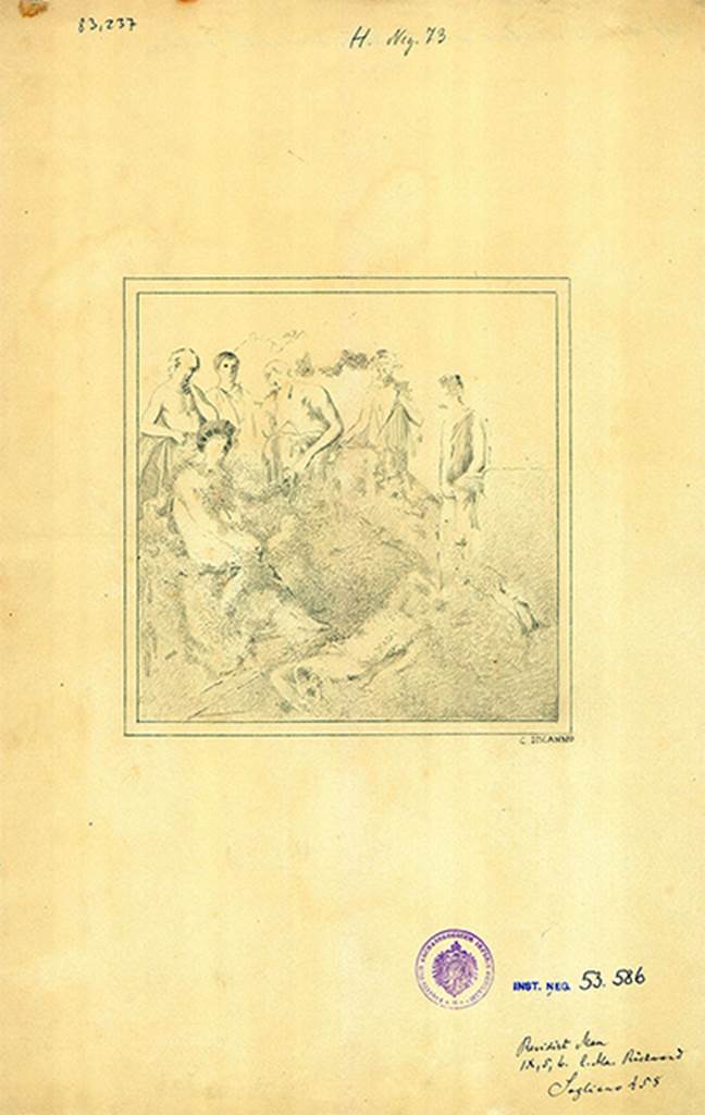 IX.5.6 Pompeii. Room e, ala, on east side of atrium, drawing by Discanno of the central painting from the east wall.
The painting was found in a bad condition but showed the divinity of light, Apollo-Sol, sitting on a rock. 
According to PPM it may be the death of Orion because the spears and hunting dogs show it was a hunter.
An alternative could be the death of Adonis, but it is not possible to make any clear identification of Venus.
DAIR 83.267. Photo  Deutsches Archologisches Institut, Abteilung Rom, Arkiv. 
See Schefold, K., 1957. Die Wande Pompejis. Berlin: De Gruyter. (p.253)
See Carratelli, G. P., 1990-2003. Pompei: Pitture e Mosaici: Vol IX. Roma: Istituto della enciclopedia italiana, p. 423.
See Sogliano, A., 1879. Le pitture murali campane scoverte negli anni 1867-79. Napoli: Giannini, 458.

