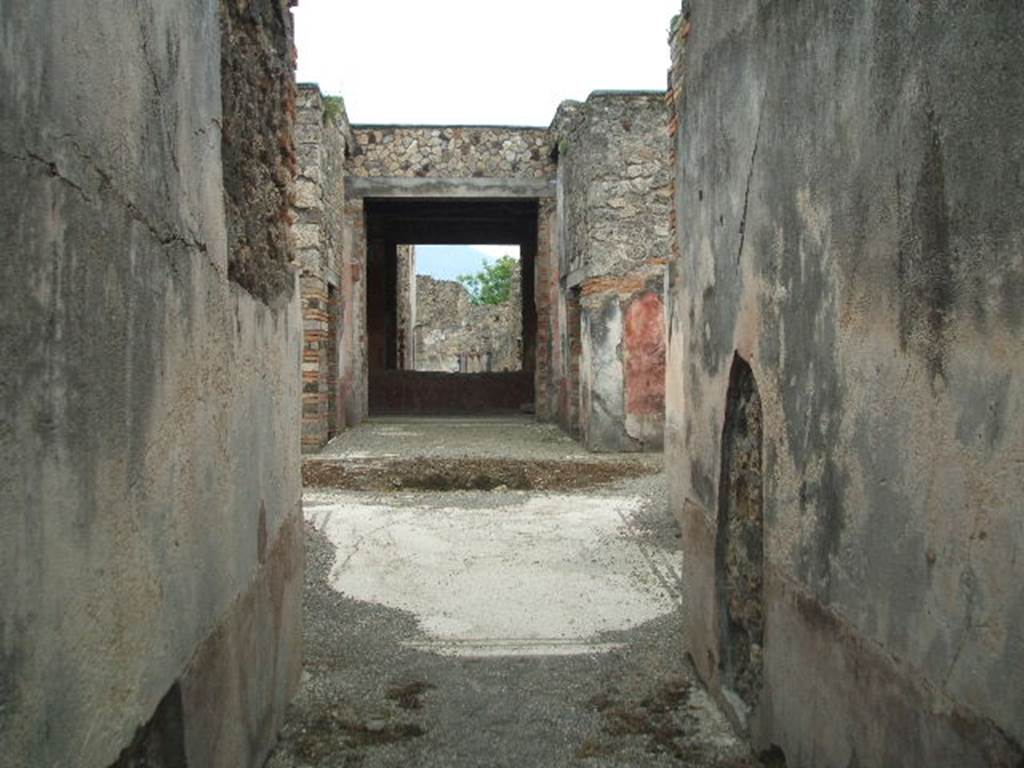 IX.5.6 Pompeii. May 2005. Looking south across atrium from entrance corridor.  The impluvium can be seen in the centre of the atrium, with an ala on either side, and a wide entrance corridor leading into the tablinum. The floor of the fauces and the atrium was made from mosaic with a border of two black lines.
  