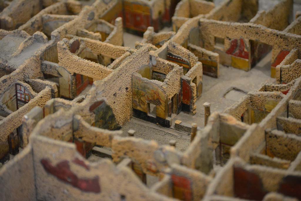 IX.5.9 Pompeii. July 2017. Looking north-west towards peristyle and rooms on west side of atrium, with entrance corridor, top right.
From cork model in Naples Archaeological Museum.
Foto Annette Haug, ERC Grant 681269 DÉCOR
