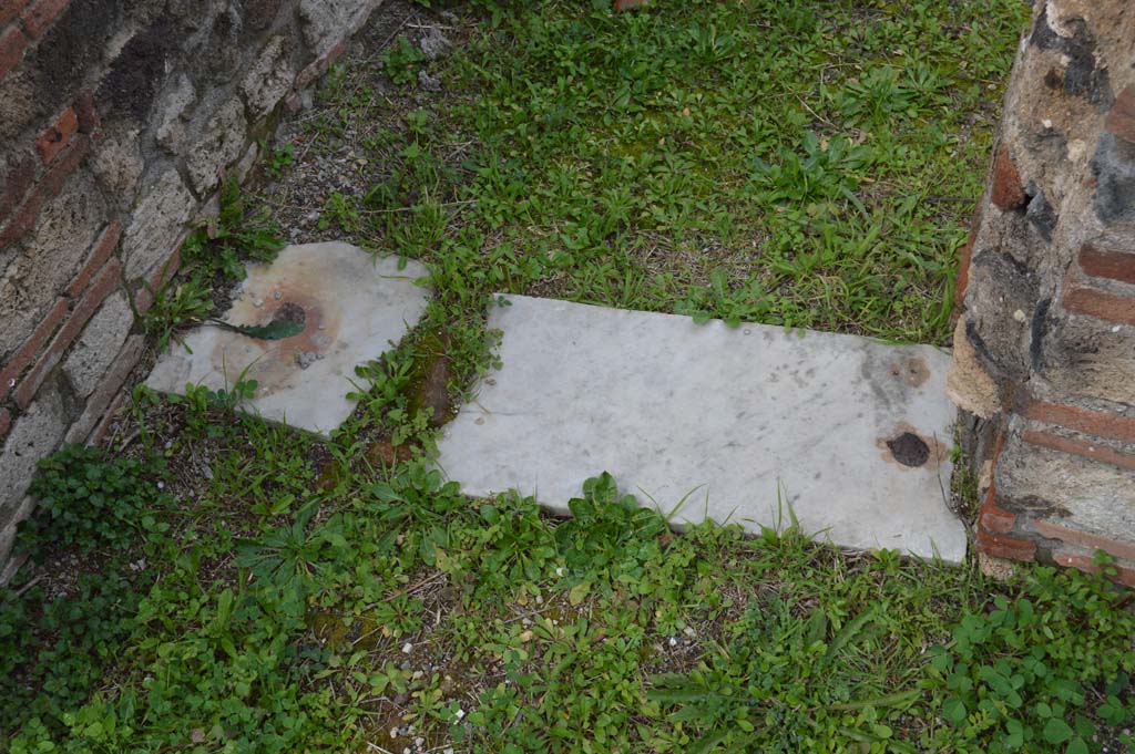 IX.5.14 Pompeii. March 2018. Room m, detail of threshold in north wall leading into atrium.
Foto Taylor Lauritsen, ERC Grant 681269 DCOR.

