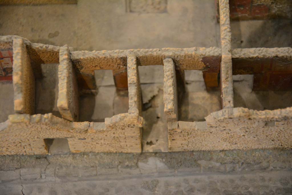 IX.5.15, on left, and IX.5.14 Pompeii, in centre. July 2017. 
Looking west from Vicolo del Centenario towards entrances doorways and room g, on left (south) of entrance corridor, and room c on the right (north) side.  
From cork model in Naples Archaeological Museum.
Foto Annette Haug, ERC Grant 681269 DÉCOR
