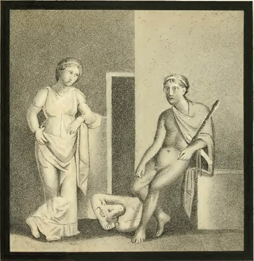 IX.5.14 Pompeii. 1881. Room e, east wall, copy by Discanno of wall painting of Theseus and Ariadne with the Minotaur.
Found on the east wall of the ala e, on the north side of the atrium.
See Presuhn E., 1882. Pompeji: Die Neuesten Ausgrabungen von 1874 bis 1881. Leipzig: Weigel. (VIII, Plate V).

