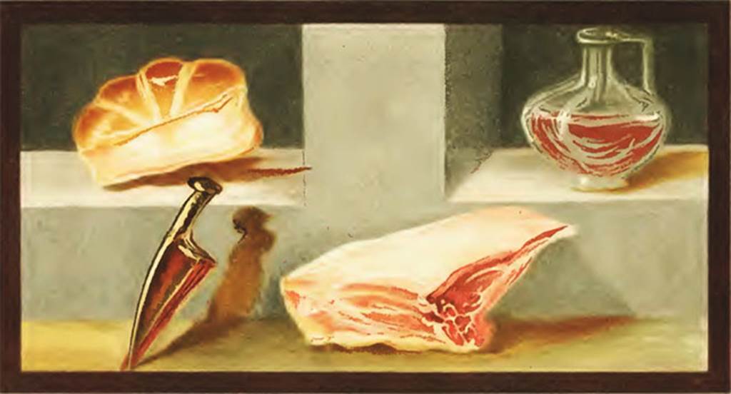 IX.5.16 Pompeii. 1881. Copy of a still life painting found in the ala c.
According to Presuhn, the best piece of beef, fresh bread and dark red wine
invite the guests to feast.
See Presuhn E., 1882. Pompeji: Die Neuesten Ausgrabungen  von 1874 bis 1881. Leipzig: Weigel. (VIII, p. 6, Plate VII).
