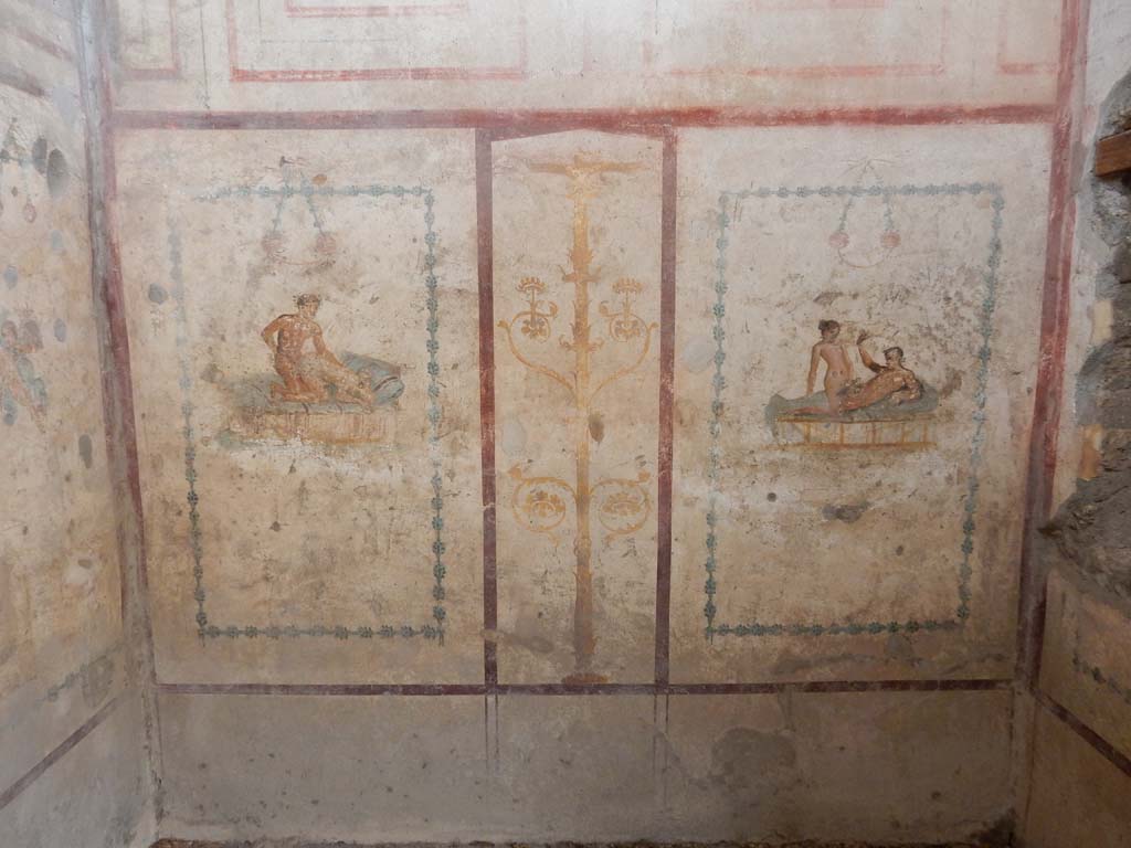 IX.5.16 Pompeii. June 2019. Cubiculum f’, looking towards wall paintings on north wall.
Photo courtesy of Buzz Ferebee.
