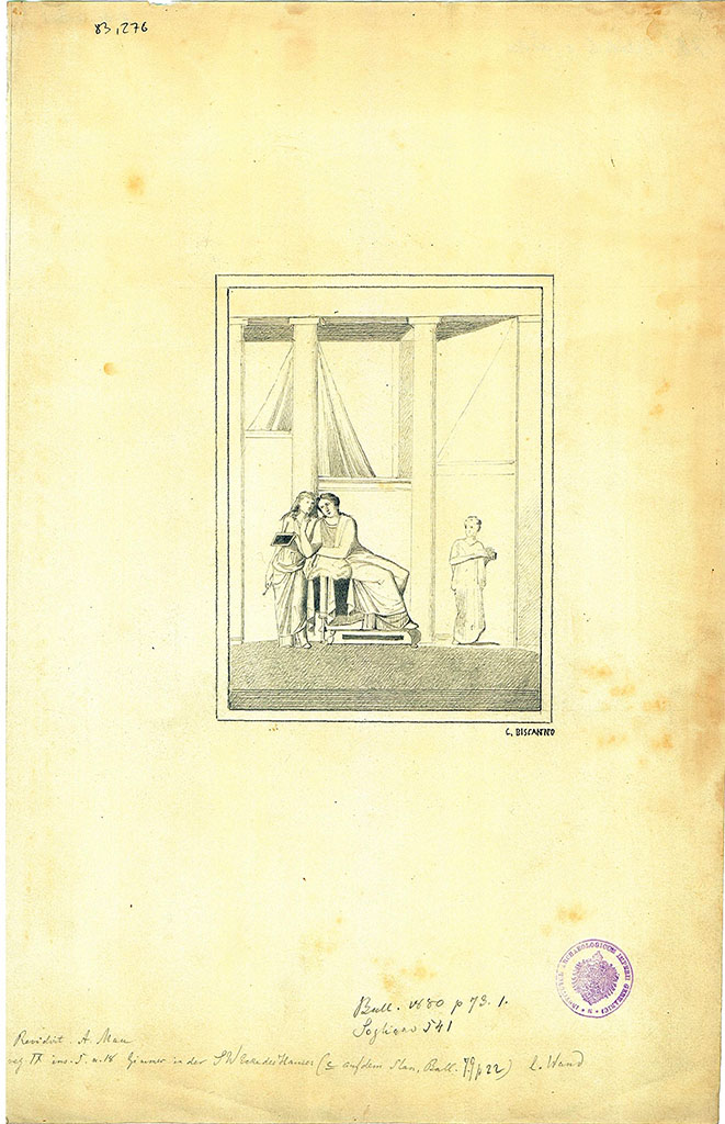 IX.5.18 Pompeii. Room “e”, south wall of cubiculum, second room in south-west corner. 
Drawing by G. Discanno of wall painting of Phaedra handing the nurse the letter that will lead to the death of her stepson Hippolytus.
DAIR 83.276. Photo © Deutsches Archäologisches Institut, Abteilung Rom, Arkiv. 
