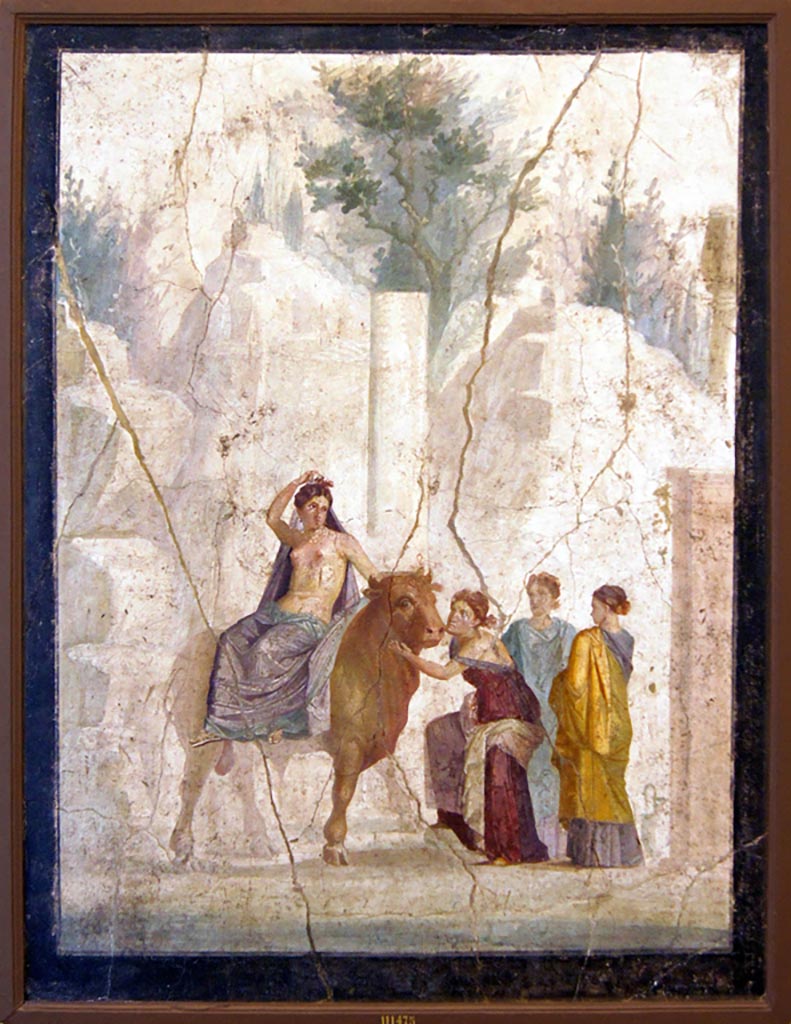  
IX.5.18 Pompeii. December 2019. Room “g”, west wall of cubiculum. Wall painting of Europa on the Bull.
Now in Naples Archaeological Museum. Inventory number 111475.  
Photo courtesy of Giuseppe Ciaramella.
