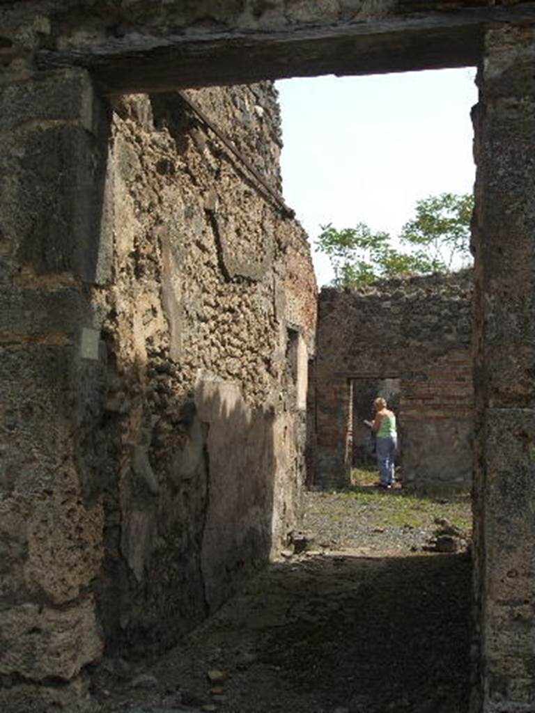 IX.6.3 Pompeii. May 2005. Entrance doorway and corridor.
According to Della Corte, a finger ring found in this house had the initials P.F.L.
See Della Corte, M., 1965.  Case ed Abitanti di Pompei. Napoli: Fausto Fiorentino. (p.165, S.40)
According to Giacobello, the initials were on a bronze lamp, identified in a cubiculum of the house.
See Giacobello, F., 2008. Larari Pompeiani: Iconografia e culto dei Lari in ambito domestico.  Milano: LED Edizioni. (p.209).

According to Mau The fauces/ entrance corridor was immediately closed from the road by a door with two shutters: preserved in the lava threshold/sill was one of the hinges, and there you could see the square hole where the other hinge was embedded, and the hollows for the four bolts, which were larger than they were at the end of each shutter. 
Next to the door were the antepagmenta/door-frame, as could be verified by the grooves in the threshold.  At the corners between the fauces and the atrium are embedded in the floor two lava stones, which, however, I don't think would have supported a second door, as was supposed by Sogliano in Notizie, 1879.  The ceiling of the fauces was supported by four beams placed lengthwise.
Mau in BdI, 1880, p.197-8
Notizie degli Scavi, 1879, p.20

