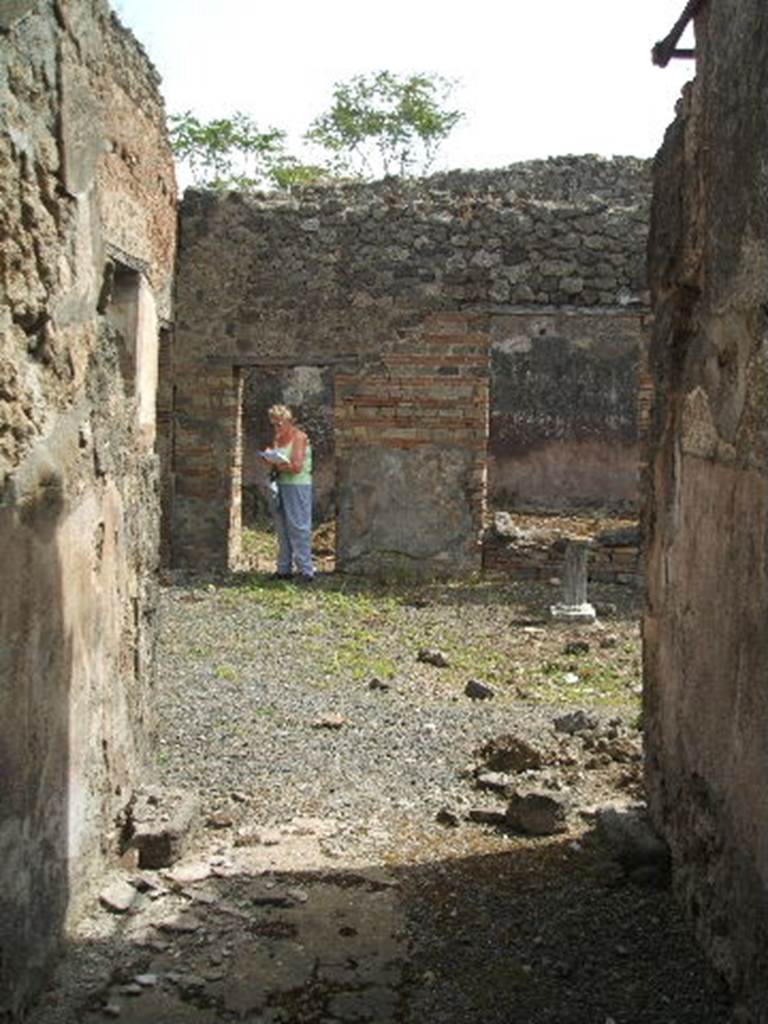 IX.6.3 Pompeii. May 2005. Looking east from entrance corridor. According to Della Corte, the house would have been under the protection of Fortuna. In the vestibule, one used to be able to see a wheel with eight spokes in white tesserae in the floor made of cocciopesto.  
See Della Corte, M., 1965.  Case ed Abitanti di Pompei. Napoli: Fausto Fiorentino. (p.164)
This does not appear to be visible in either of the above two photos, presumably now it has been lost.
The vestibule floor was made of lavapesto dotted with a few white tesserae, and in the centre presented “the wheel of Fortuna”, i.e. a circle with eight spokes also outlined in white tesserae. At the east end of the entrance corridor or vestibule, there are two blocks of stone at floor level and adjacent to the side walls. Mau believed they were the supports of the jambs that marked the passage into the atrium. These would have excluded the possibility of a door, which was the idea supported and believed by Sogliano. The walls of the entrance corridor showed the remains of a high zoccolo (plinth) showing a black background with white slanting stripes, divided into large panels by narrow red bands: the middle area was in rough plaster.
