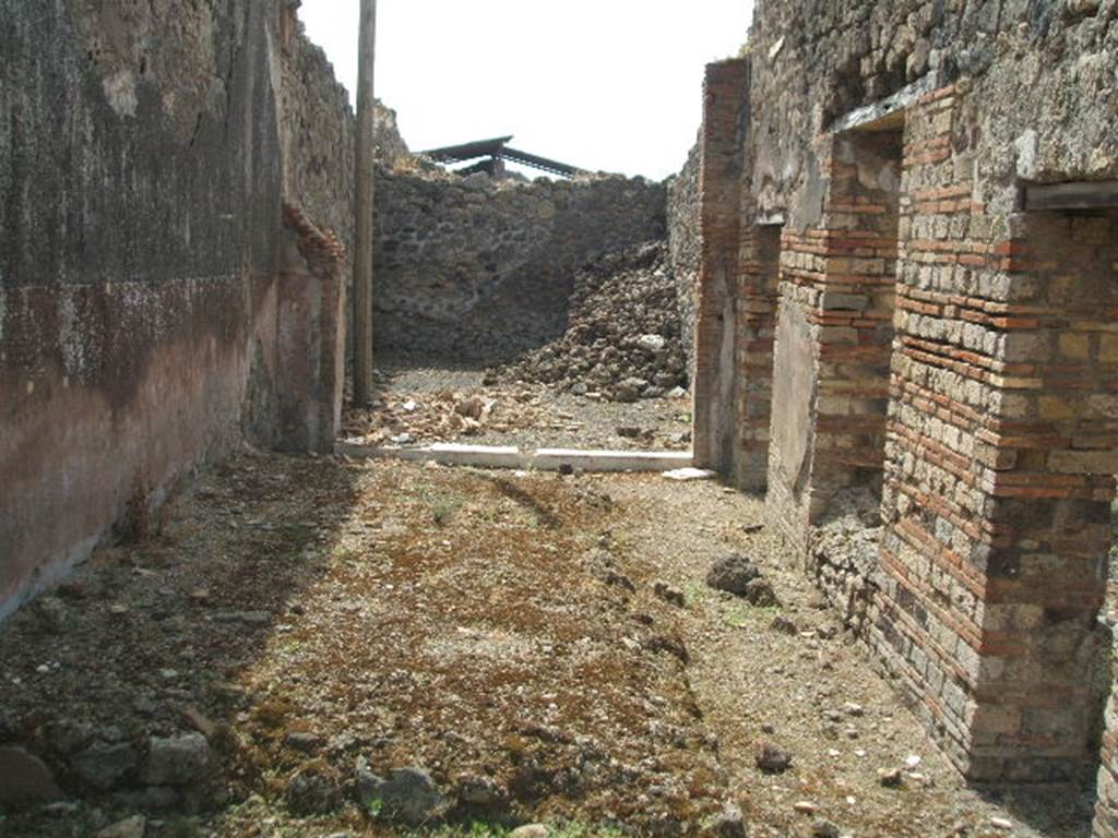 IX.6.3 Pompeii. May 2005. Looking south along small garden area to large triclinium, on south side. According to Jashemski, this small open area at the rear of this small house was visible from the entrance through a window at the rear of the atrium (on right of photo between the doorways). Attached to the wall on the east side were 3 steps which in the middle had a small basin the height of the lowest 2 steps.  The passageways around the open area were roofed by the overhang of the adjacent rooms. See Jashemski, W. F., 1993. The Gardens of Pompeii, Volume II: Appendices. New York: Caratzas. (p.238)
