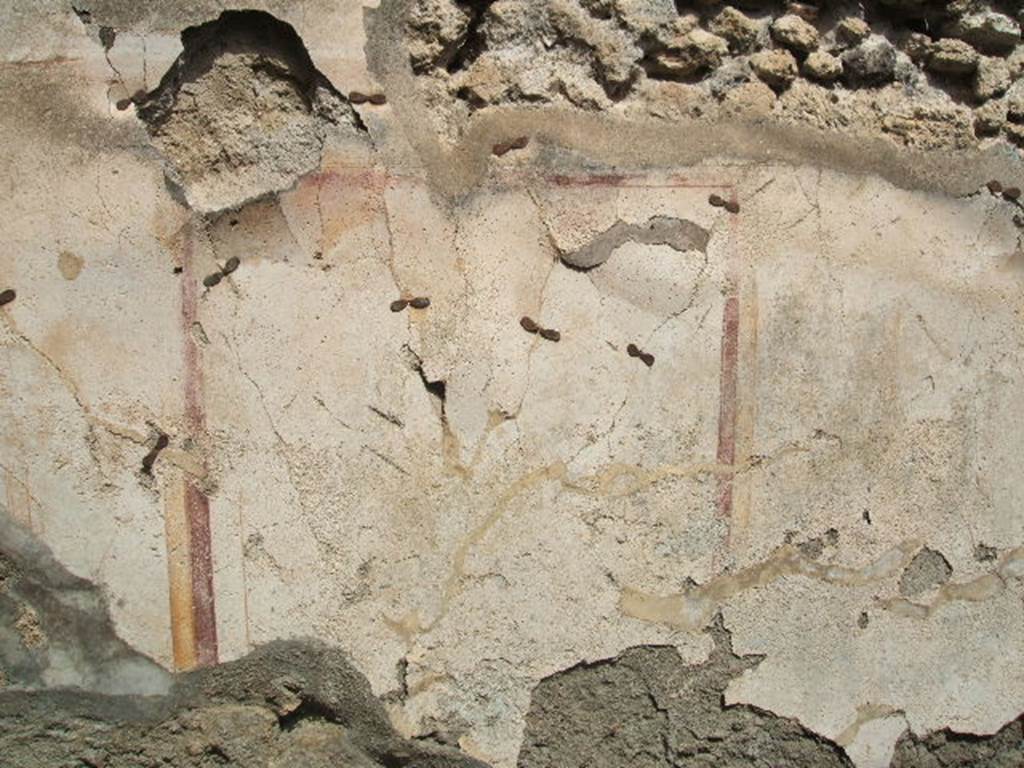 IX.6.3 Pompeii. May 2005. North wall of room “m” on south side of entrance with remains of painted wall plaster. The zoccolo would have been dark red, the middle zone was white, at the centre of which was seen a vignette of a cupid with thyrsus and crown. In the side panels, bordered by edges showing semicircles, one could have seen rampant animals; the upper zone of the wall was white.
