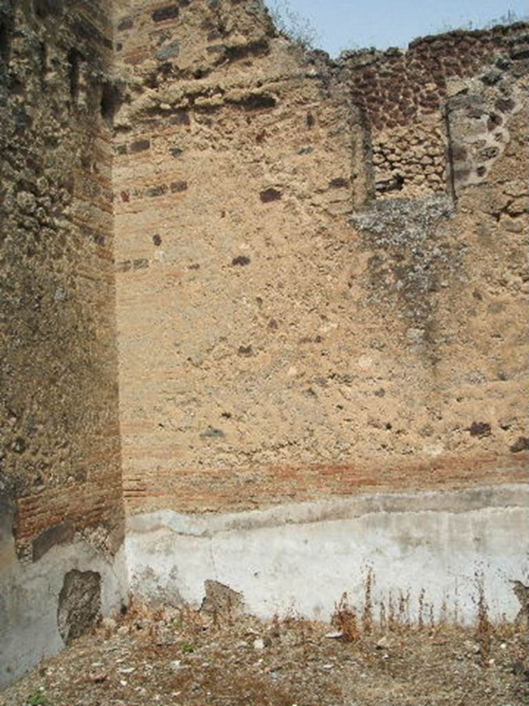 IX.6.5 Pompeii. May 2005. North-west corner of room “a”, an oecus or triclinium. According to Mau, this room was a triclinium, and the decoration was in the III style. The middle part of the wall was painted black, and above it was some of the light architectural design of this style, painted without that elegance that distinguished it so many times. Paintings without frames on a black background of small landscapes with shrines, sacred trees, and sacrificing figures, were preserved on three walls (the north wall was devoid of plaster). A window in the north wall overlooked the small vicolo.
See Mau in BdI, 1880, (p.226-7)
