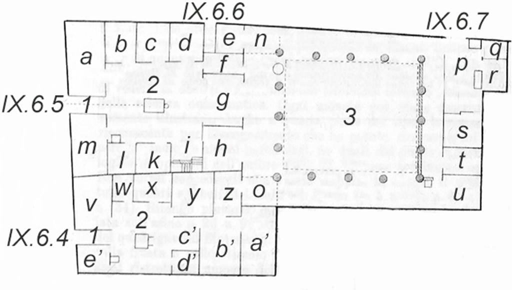 IX.6.4-7 Pompeii plan.  Based on the plans in BdI and PPM. 
The differences are that BdI uses Greek letters for a to e in IX.6.4 and PPM uses a’ to e’ and adds 1, 2 and 3 for the fauces, atrium and peristyle.
See BdI, September 1880, p.194.
