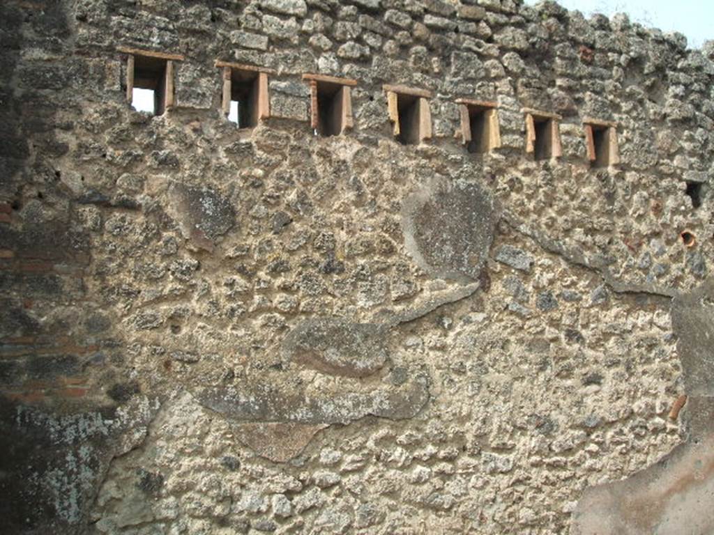 IX.6.a Pompeii. May 2005. West wall, with restored floor-supports for upper floor.