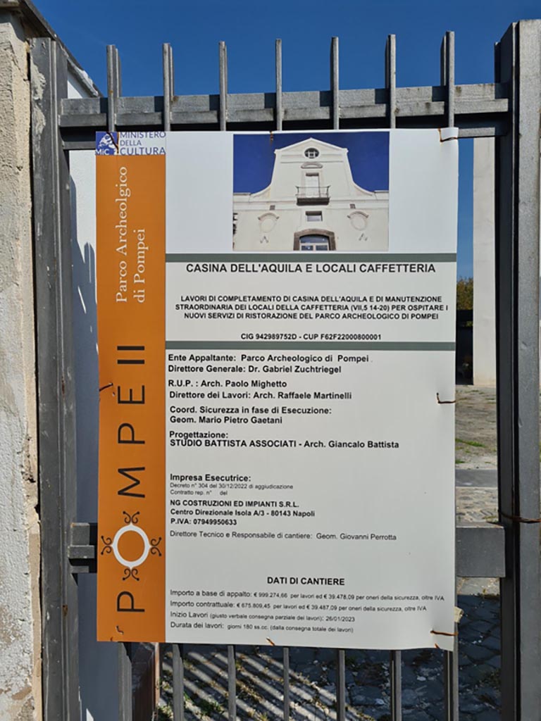 IX.7.12 Pompeii. October 2023. Renovation notice-board, to include a Cafeteria. Photo courtesy of Klaus Heese.