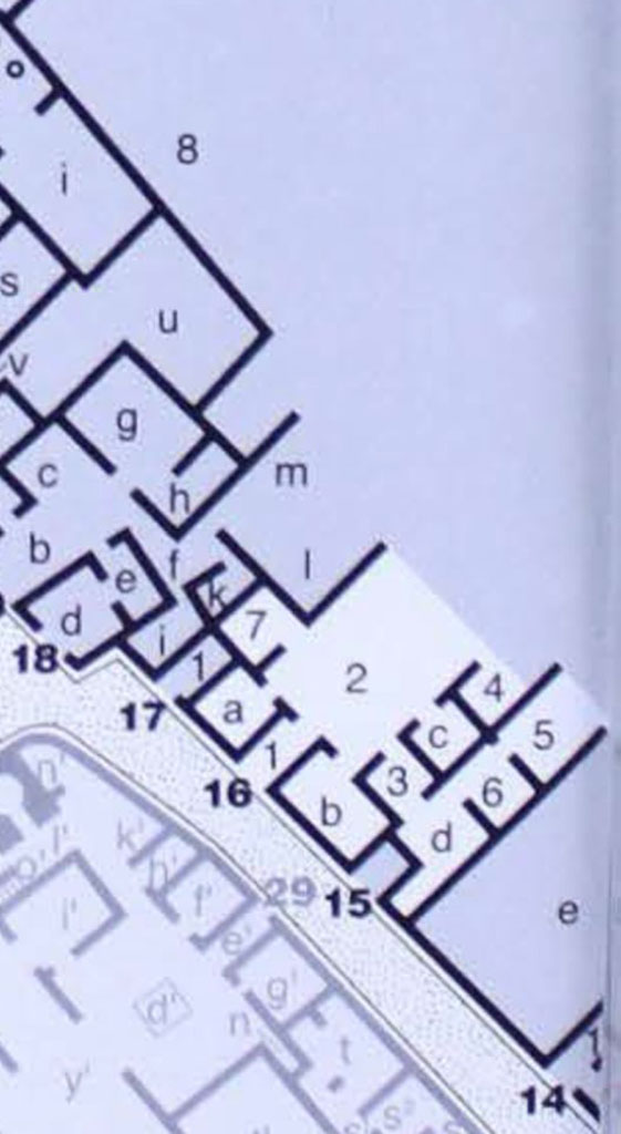 IX.7.16 Pompeii. Plan by PPM.
See Carratelli, G. P., 1990-2003. Pompei: Pitture e Mosaici: Vol. IX, Parte II. Roma: Istituto della enciclopedia italiana, p. 782-3.
According to PPM, in relation to IX.7.16,
"The mosaic fountain, present in the partially excavated garden, located to the E of the peristyle of the house at no. 20, was added to this house [IX.7.16], since it was reachable from it". 
This is number 8 on their plan, continuing the IX.7.16 numbering.
See Carratelli, G. P., 1990-2003. Pompei: Pitture e Mosaici: Vol. IX, Parte II. Roma: Istituto della enciclopedia italiana, p. 782-3.

