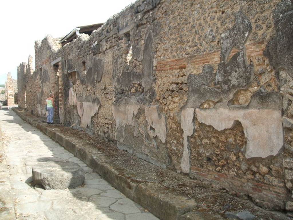 Vicolo di Tesmo looking north past remaining painted plaster on walls outside IX.7.20.
On the exterior wall of IX.7.20, opposite the doorways of IX.2.17/18, a large painted lararium was found.
According to Trendelenburg, this stood out because of the freshness and strength of the colours.
It was divided into two parts, of differing sizes. The upper part was 1.47m wide and the lower part was 4.12m wide.
The upper part showed the two Lares.
In the middle between them was the Genius with cornucopia, dressed in a white tunic holding a patera above a flaming altar. 
Behind the altar was the figure of small tibicen who played the double pipes. 
Suspended above were two garlands and above the garlands appeared the bust of Luna on the left and a bust of Sole on the right. 
The lower part showed a tall altar in the centre and three heads of Medusa. 
Two serpents approached the altar, one from each side.
See Trendelenburg in BdI 1871, pages 199-200.
See Sogliano, A., 1879. Le pitture murali campane scoverte negli anni 1867-79. Napoli: Giannini. (p.14, No. 33).
See Fröhlich, T., 1991. Lararien und Fassadenbilder in den Vesuvstädten. Mainz: von Zabern. (F65, p. 335)
