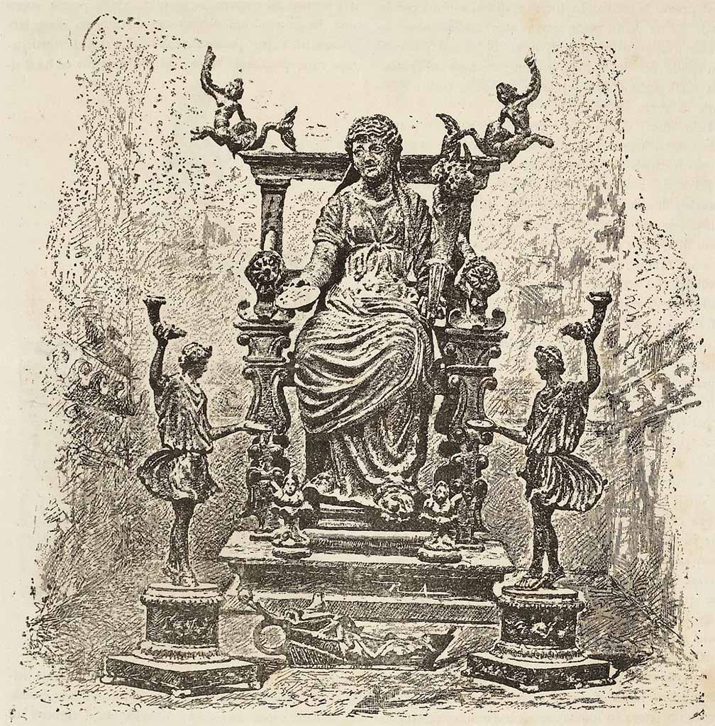 IX.7.20 Pompeii. c.1880. Small bronze statuettes of Fortuna between two Lares, found in lararium in the atrium.
Hanging from a chain above them was a lamp in the form of a human foot wearing elegant shoes decorated with silver.
See Mele, A. (ed.) Pompei. Rivista illustrata di archeologia popolare e industriale e d’arte. Anno 1, num. 1, 31 Marzo 1881. (p.5).
