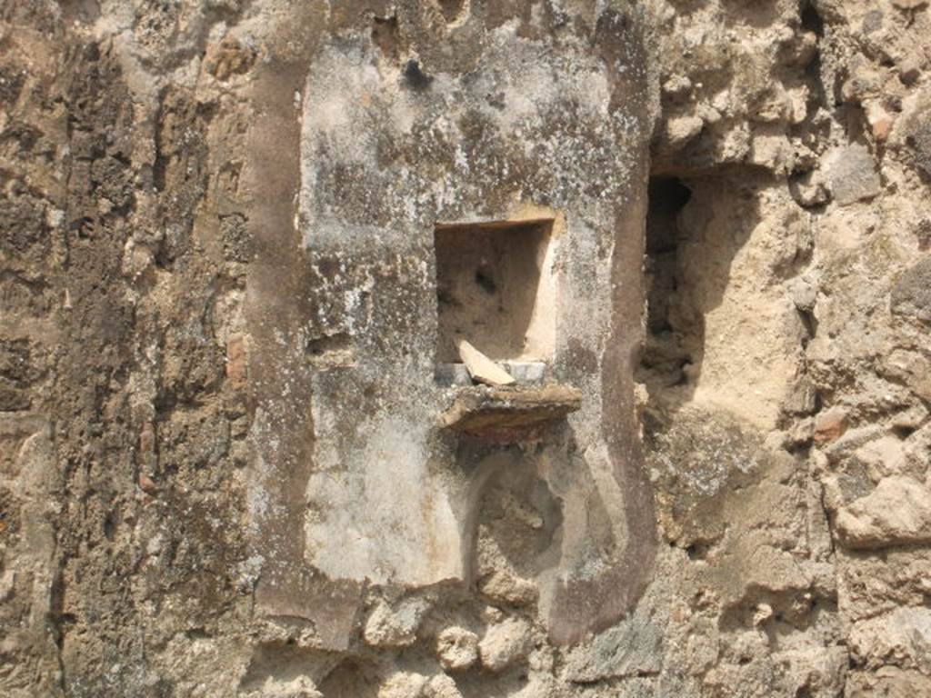 IX.7.21 Pompeii. May 2005. Square niche on west wall of atrium.
According to Boyce, in the north-west corner of the atrium was the hearth. Above the hearth in the west wall was a panel of white stucco. In the panel was a square niche. Its edges were outlined in red against the white background and below it was a cornice. On the reddish coloured back wall of the niche was painted a white object, which Mau was unable to identify. He did state that it was not a phallus. Below the niche was a painted garland of red and green leaves, and below it a burning altar with a pine-cone. On either side of the altar was a yellow serpent. The serpent on the left had a red crest and beard, the head of the other was damaged. See Boyce G. K., 1937. Corpus of the Lararia of Pompeii. Rome: MAAR 14.  (p.88, no.441, and Pl.4, 4) According to Giacobello, the painting is no longer conserved. See Giacobello, F., 2008. Larari Pompeiani: Iconografia e culto dei Lari in ambito domestico.  Milano: LED Edizioni. (p.250)
