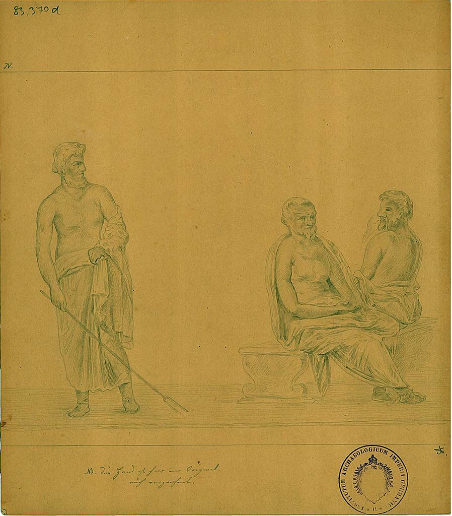 IX.8.2 Pompeii. Drawing three philosophers, the fourth of five sketches by A. Sikkard depicting figures of philosophers.
These would have been seen on a black background, a small trace survived in the frieze on the upper east wall.
DAIR 83.370d. Photo  Deutsches Archologisches Institut, Abteilung Rom, Arkiv.
