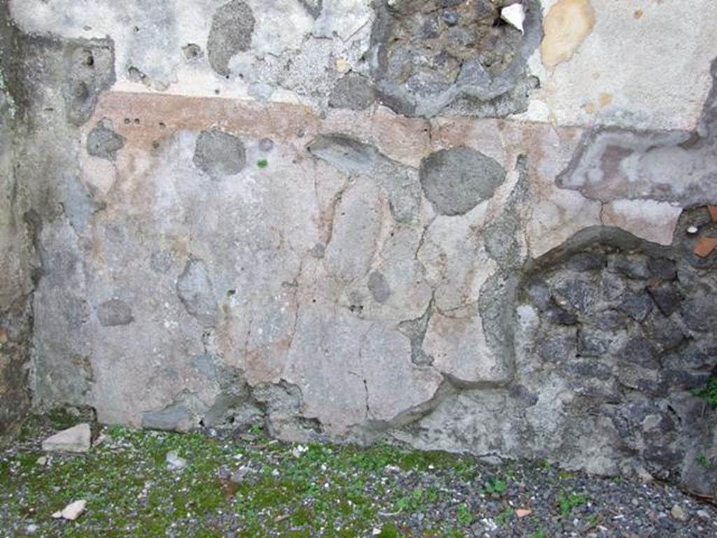 IX.8.2 Pompeii.  March 2009.  Remains of painted plaster on base of west wall of front room of shop.