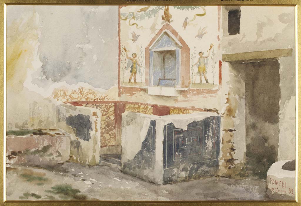 IX.8.6 Pompeii. 12th June 1882. Room 23, watercolour by Luigi Bazzani showing household shrine or lararium.
The Bacchus painting is not shown in this watercolour.
Photo © Victoria and Albert Museum. Inventory number 1063-1886.
According to Boyce –
Two low walls enclose a precinct (1.80 by 1.0) and within it is the lararium. 
The outer surface of these walls is painted a uniform black, the inside - like the lower portions of the two walls of the room within the precinct – to represent yellow marble; along the top of the wall originally ran a wooden rail.
In the north wall of this precinct a space was left for the door.
In the centre of the space within the walls stands a small stone altar, consisting of a rectangular plinth supported upon a conical base; against the east and south walls outside of the precinct stand two masonry benches. 
See Boyce G. K., 1937. Corpus of the Lararia of Pompeii. Rome: MAAR 14. (p.89, no.448).


