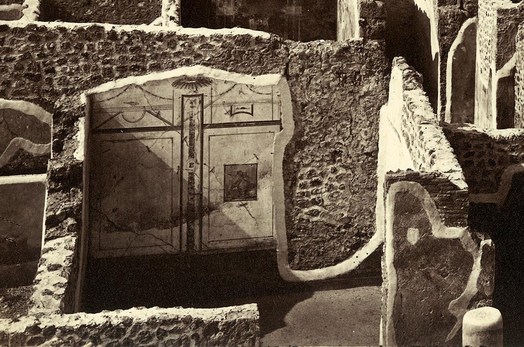 IX.8.c Pompeii. 1860. Detail from old postcard showing second room on north side of peristyle.