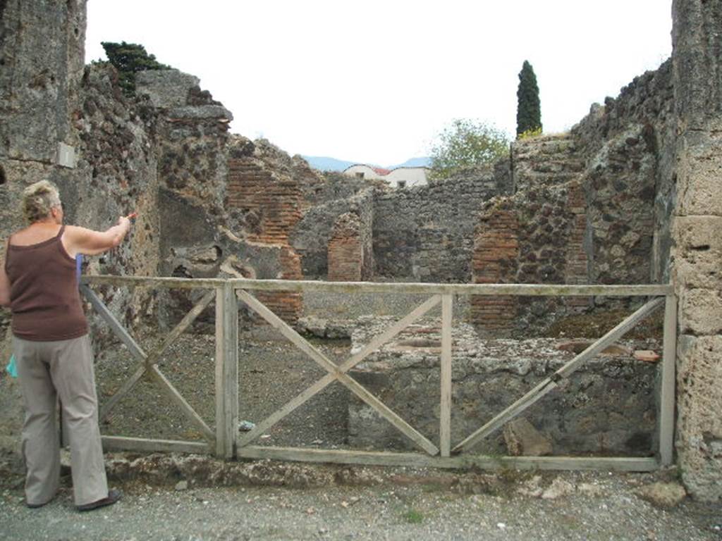 IX.9.1 Pompeii. May 2005. Entrance, looking south from Via di Nola. According to NdS, on the 23rd November 1886 began the excavation of the insula to the east of the Insula of the Centenario. Sogliano wrote in 1888, that the first two properties had been entirely unearthed by then. At the front near the entrance was the usual sales-counter, its sides covered with plaster imitating coloured marble, and fragments of marble slabs covering its counter-top. It contained four large terracotta dolia, one of which was partly hidden under the five small display shelves. In the west wall was a semicircular niche for the worship of the household gods. Near the south-west corner was a low structure, which served perhaps as the hearth. Next to the structure was the mouth of a cistern. In this corner was a little doorway which at one time was linked to the house, and then walled up by the ancients themselves. See Notizie degli Scavi, 1888, p.514.


