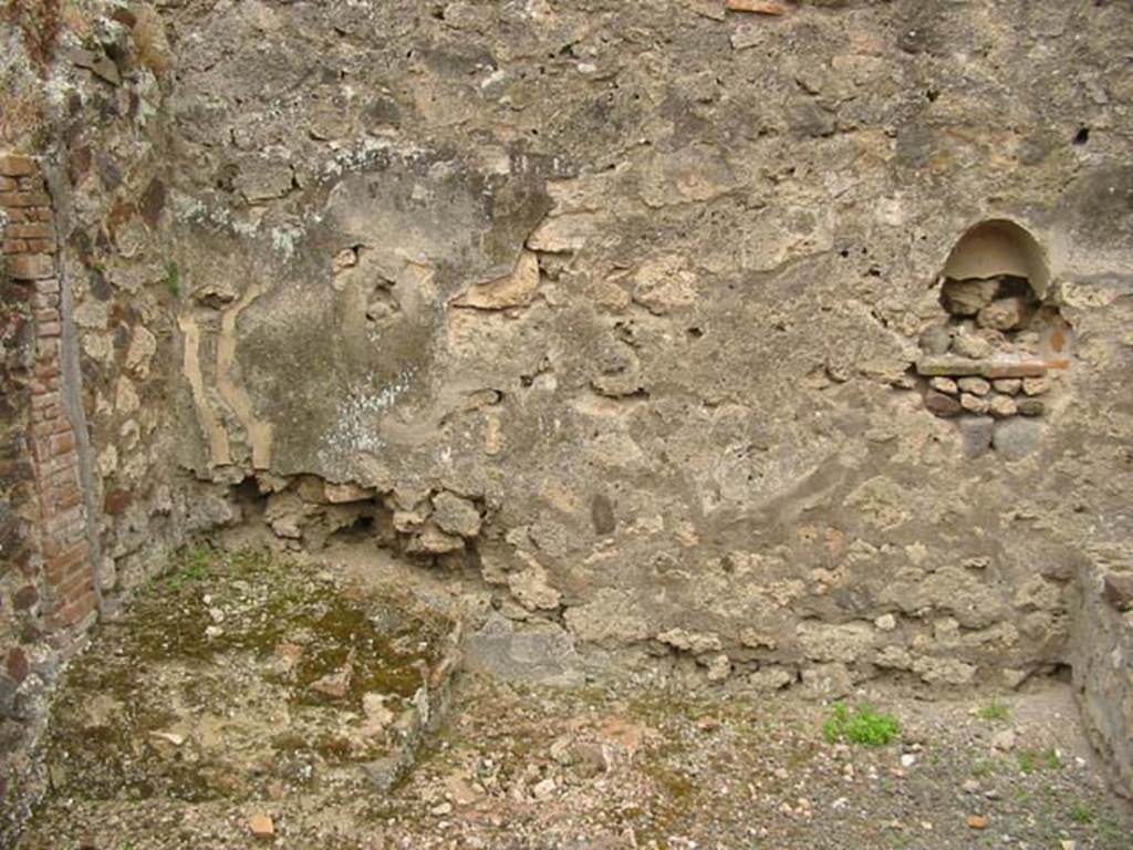 IX.9.1 Pompeii. May 2003. Looking towards the rear of the west wall and masonry structure in the south-west corner. Photo courtesy of Nicolas Monteix.