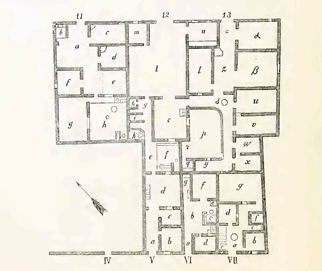 IX.9.11, 12 and 13 Pompeii. Plan of insula IX.9, as seen in Notizie degli Scavi, 1891. 
The lower numbers on the plan can be identified (on our website) as 
IV  = IX.9.d
V   = IX.9.e
VI  = IX.9.f
VII = IX.9.g
See Notizie degli Scavi di Antichit, 1891 (p.254).
